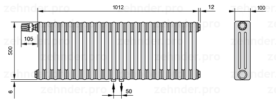 Схема (чертеж) Радиатор Zehnder Charleston 3050/22 №V007 Белый глянцевый RAL 9016